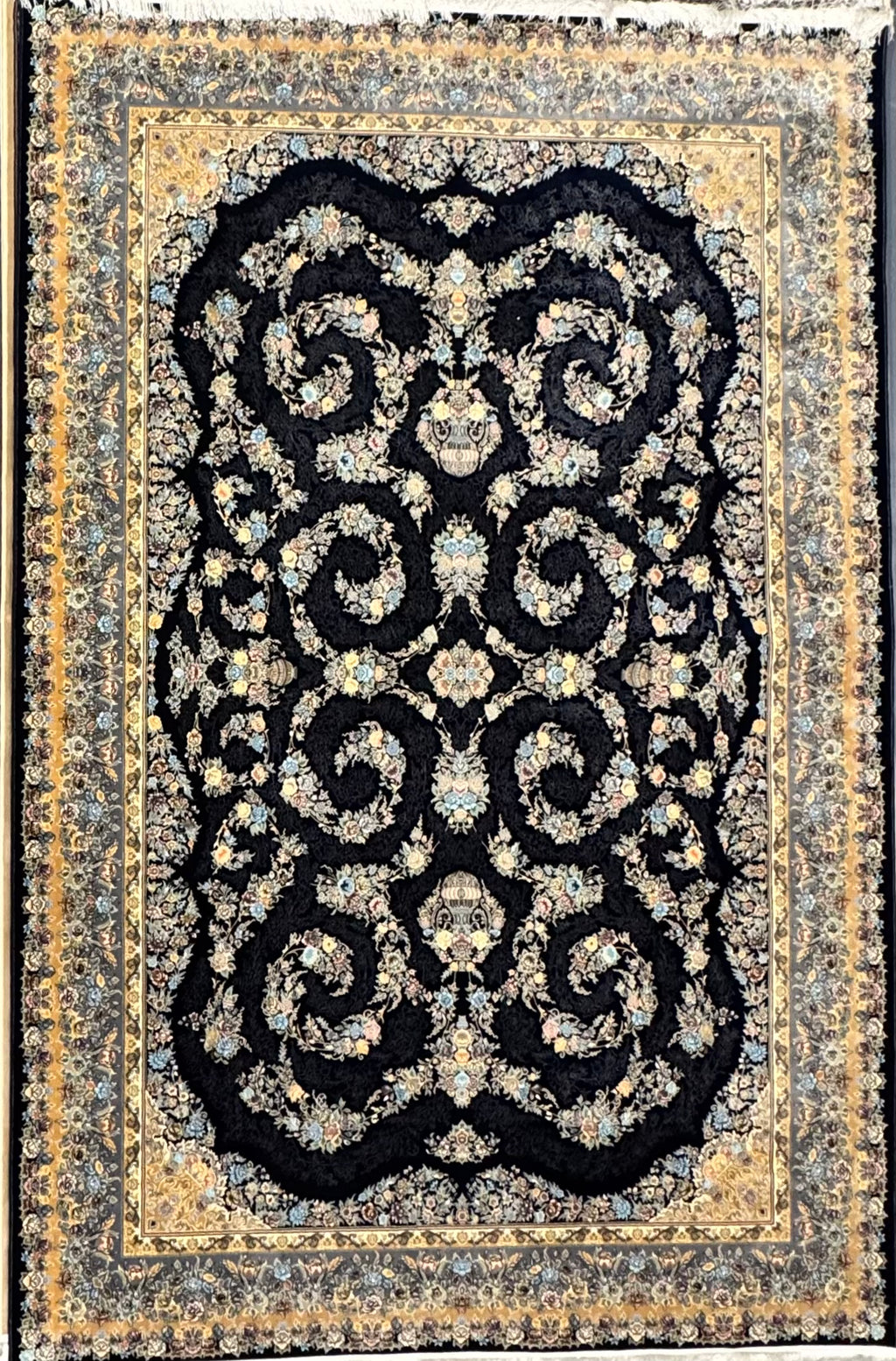 Tapis Parsa Noir et Jaune – 1200 Reeds, 3600 Nœuds - Plusieurs Tailles